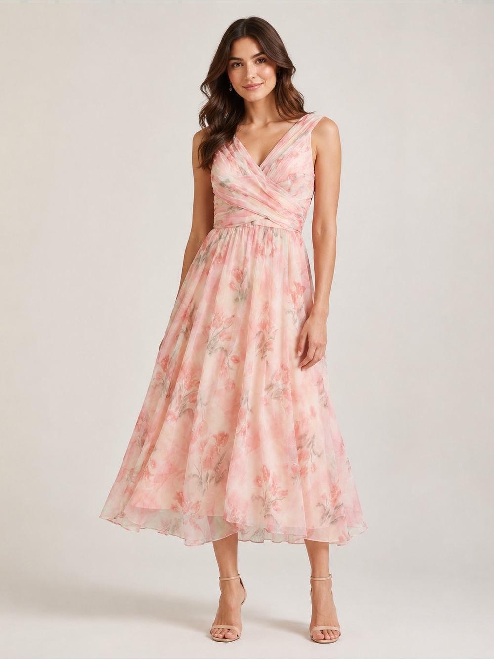 Fehaute Pink Floral Chiffon Wrap Bodice Maxi Dress Size 12 NWT